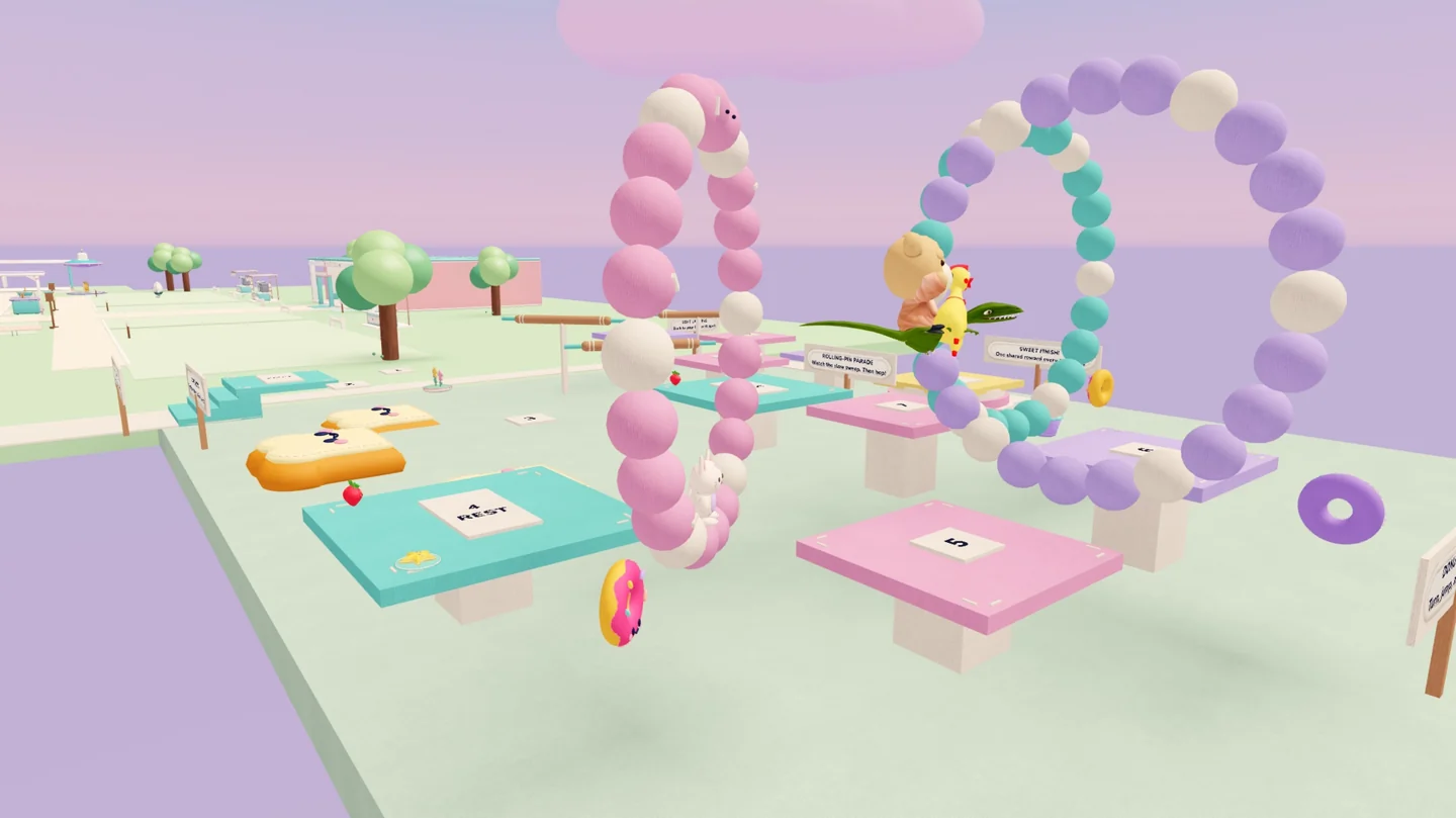 Actual in-game screenshot of a player jumping through a sewn donut on Sugar Scramble