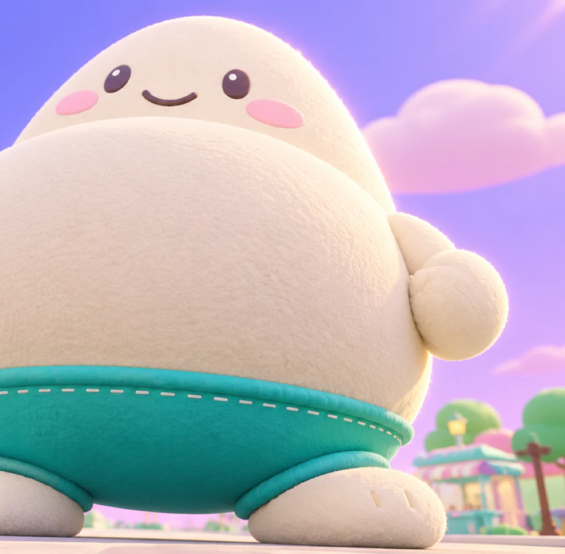 A ridiculously giant, smiling fleece Big Boy in teal shorts. Promotional illustration with exaggerated proportions.